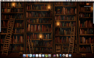 Image of my current dock and desktop: shelves of books with candles as the background image